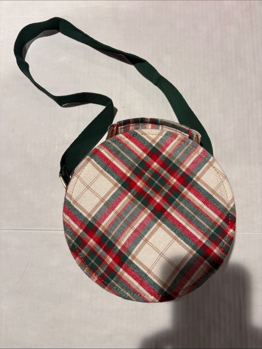 Plaid Round Crossbody Bag in Green, Red and Cream